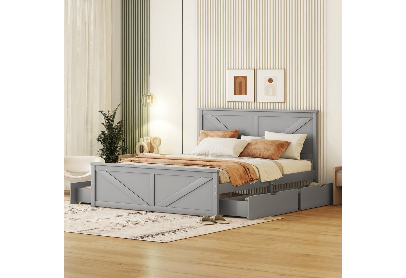 Odikalo Holzbett Doppelbett Pritsch Bett 4 Schubladen Kopfteil 160x200cm Weiß/Grau von Odikalo