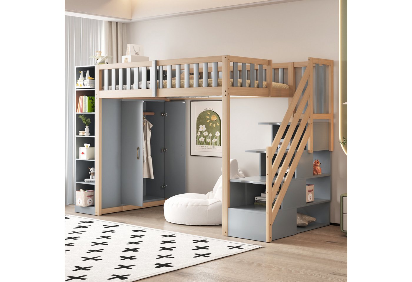 Odikalo Jugendbett Kinderbett Hochbett mit Stauraum 90x200 (Multifunktionales Hochbett 90x200cm mit Regalen, Stauschrank und großem Kleiderschrank, Sicherheitsleiter mit Ablagefächern, Grau + Rohholzfarben) Odikalo Jugendbett Kinderbett Hochbett mit Stauraum 90x200 (Multifunktionales Hochbett 90x200cm mit Regalen, Stauschrank und großem Kleiderschrank, Sicherheitsleiter mit Ablagefächern, Grau + Rohholzfarben) von Odikalo