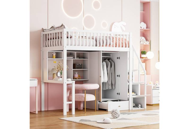 Odikalo Jugendbett Kinderbett Hochbett mit Kleiderschrank Regal Tisch Treppe 90x200cm von Odikalo