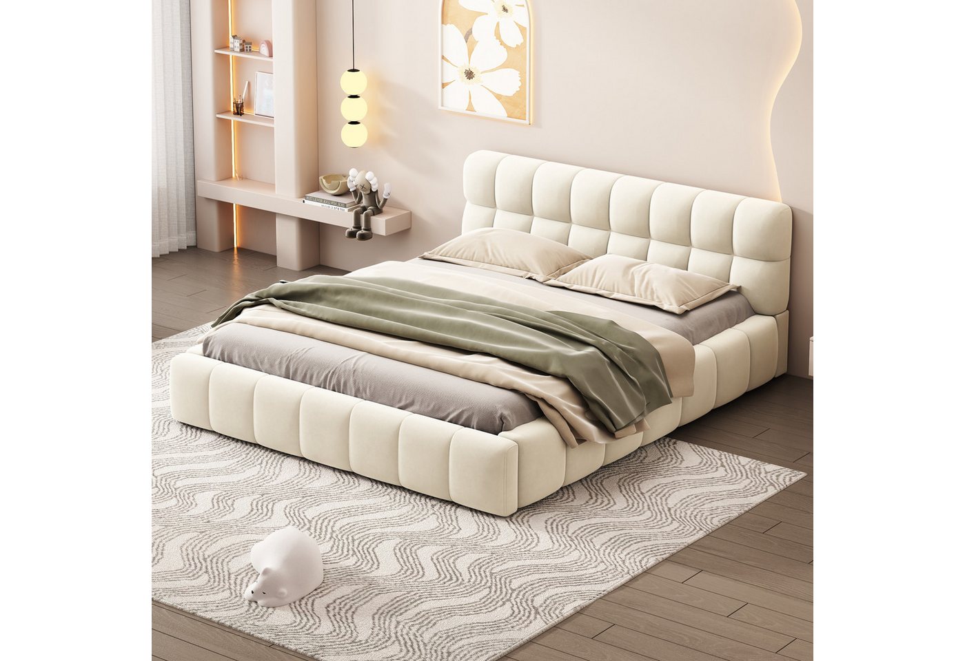 Odikalo Jugendbett Polsterbett Doppelbett Rückenlehne Lattenrost 140x200cm Weiß/Grau von Odikalo