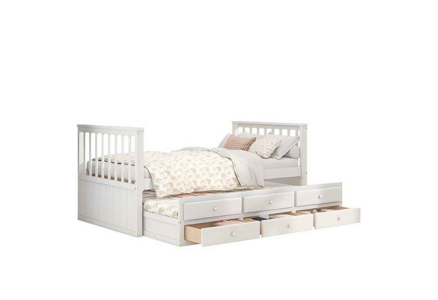 Odikalo Kinderbett 90x200/190 Einzelbett Tagesbett Massivholz Bettauszug Schubladen Weiß von Odikalo