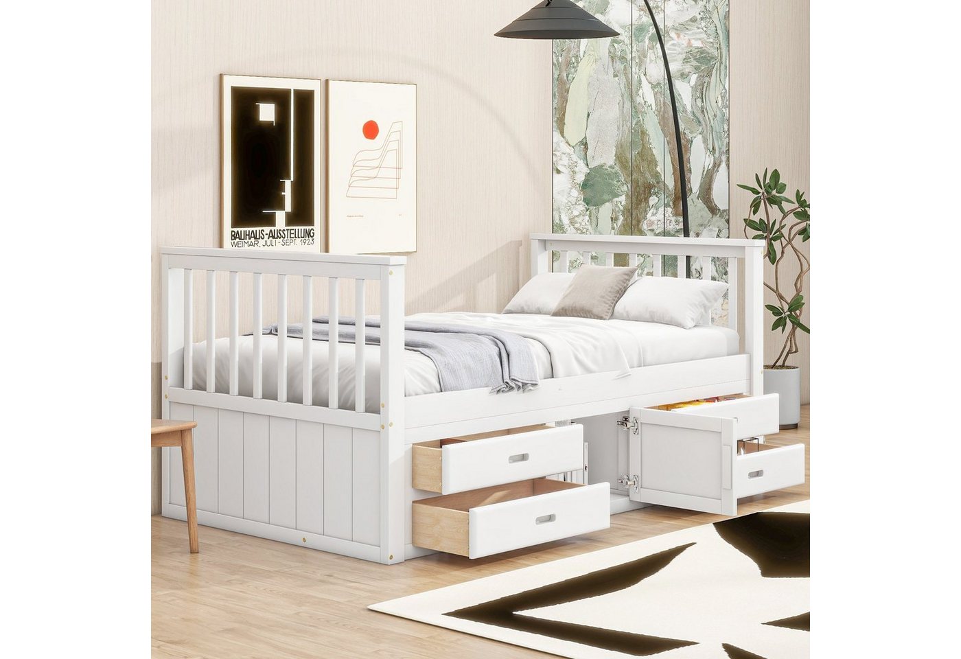 Odikalo Kinderbett 90x200cm Einzelbett Podestbett mit 4 Schubladen Stauschrank Weiß von Odikalo