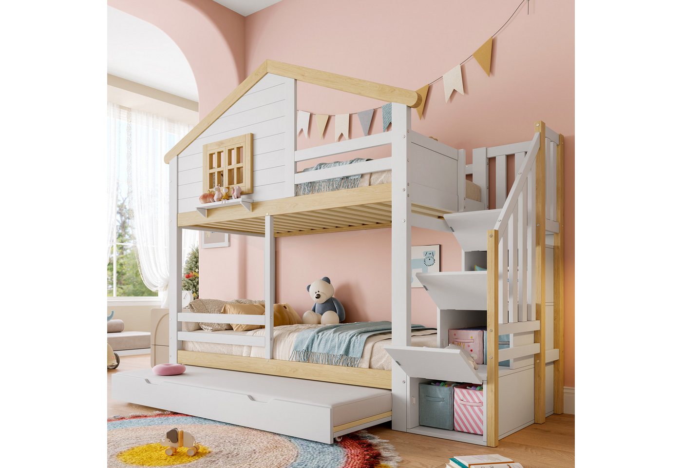 Odikalo Kinderbett Etagenbett Ausziehbett 90x200 (Etagenbett, 90x200cm, Bettgitter,Ausziehbares Bett, Stauraumleiter, Fenster, Hausleiste, Weiß + Natur) Odikalo Kinderbett Etagenbett Ausziehbett 90x200 (Etagenbett, 90x200cm, Bettgitter,Ausziehbares Bett, Stauraumleiter, Fenster, Hausleiste, Weiß + Natur) von Odikalo
