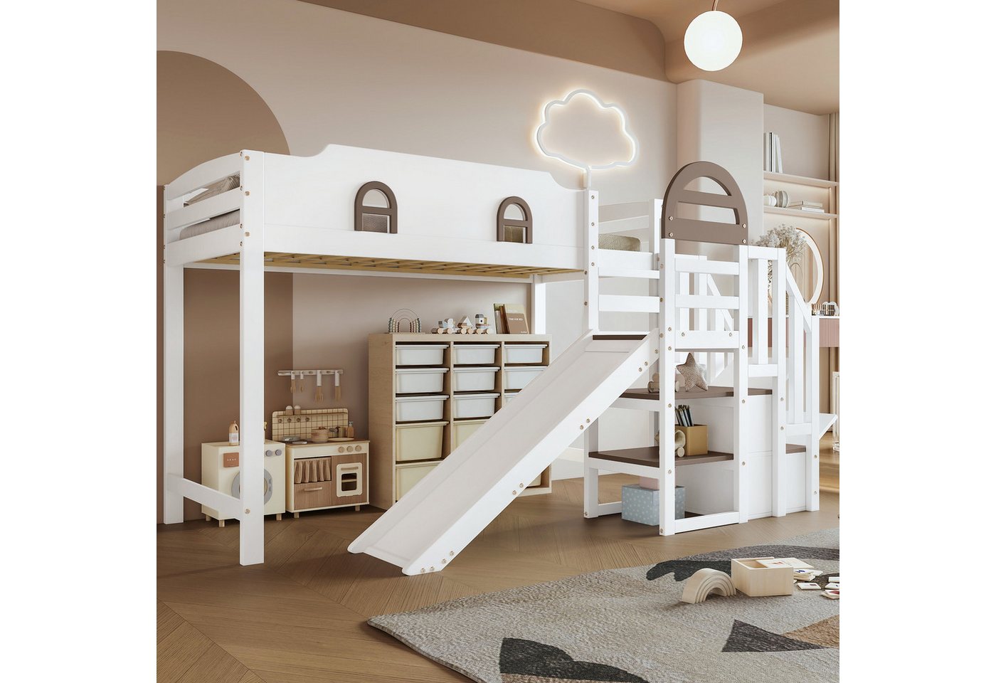Odikalo Hochbett 90x200 Kinderbett mit Rutsche und Stauraum (Etagenbett, Kinderbett Mit Fenster, Mit Kinderrutsche, Treppen mit Handlauf, Mit 2 Schließfächer in der Treppe, Vielseitiges Design, Reichlich Stauraum, Kiefer+MDF, Weiß+Braun, 90x200cm) von Odikalo