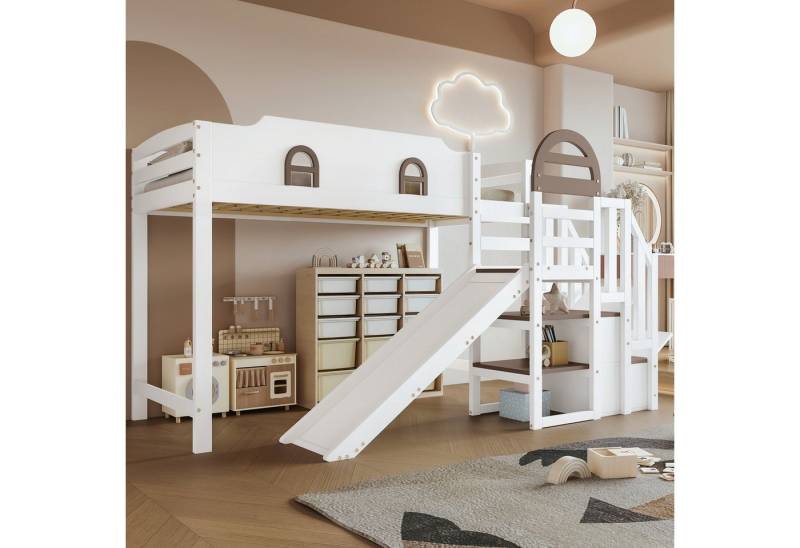 Odikalo Hochbett 90x200 Kinderbett mit Rutsche und Stauraum (Etagenbett, Kinderbett Mit Fenster, Mit Kinderrutsche, Treppen mit Handlauf, Mit 2 Schließfächer in der Treppe, Vielseitiges Design, Reichlich Stauraum, Kiefer+MDF, Weiß+Braun, 90x200cm) Odikalo Hochbett 90x200 Kinderbett mit Rutsche und Stauraum (Etagenbett, Kinderbett Mit Fenster, Mit Kinderrutsche, Treppen mit Handlauf, Mit 2 Schließfächer in der Treppe, Vielseitiges Design, Reichlich Stauraum, Kiefer+MDF, Weiß+Braun, 90x200cm) von Odikalo