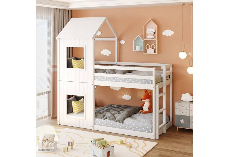 Odikalo Kinderbett Etagenbett Hausbett Leiter 2 Fenstern Dach Massivholz weiß/grau 90x200 von Odikalo
