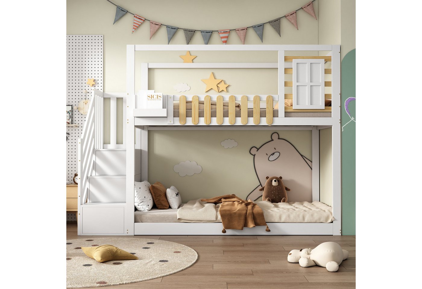 Odikalo Kinderbett Etagenbett Hochbett 90x200 (Etagenbett mit Treppe, Fenster und Regalkasten, Rahmen aus massivem Kiefernholz, Kinderbett mit 3 Schließfächer in der Treppe, mit Fallschutzgitter, Weiß, 90x200cm) Odikalo Kinderbett Etagenbett Hochbett 90x200 (Etagenbett mit Treppe, Fenster und Regalkasten, Rahmen aus massivem Kiefernholz, Kinderbett mit 3 Schließfächer in der Treppe, mit Fallschutzgitter, Weiß, 90x200cm) von Odikalo