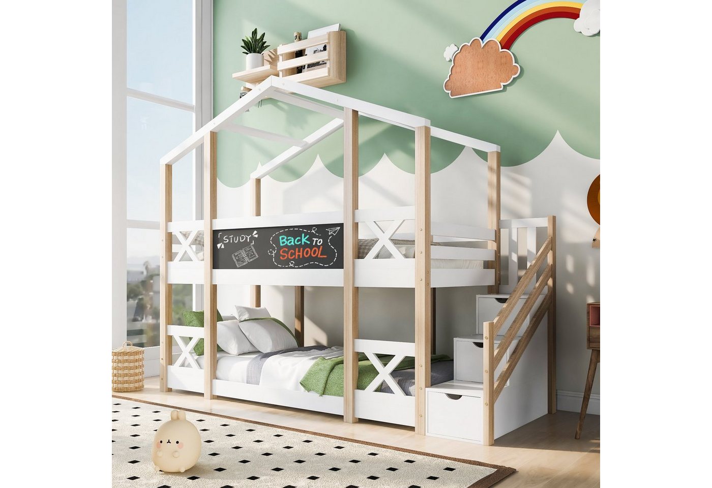 Odikalo Kinderbett Etagenbett Hochbett mit Speicherung Rausfallschutz Tafel 90x200 Weiss von Odikalo