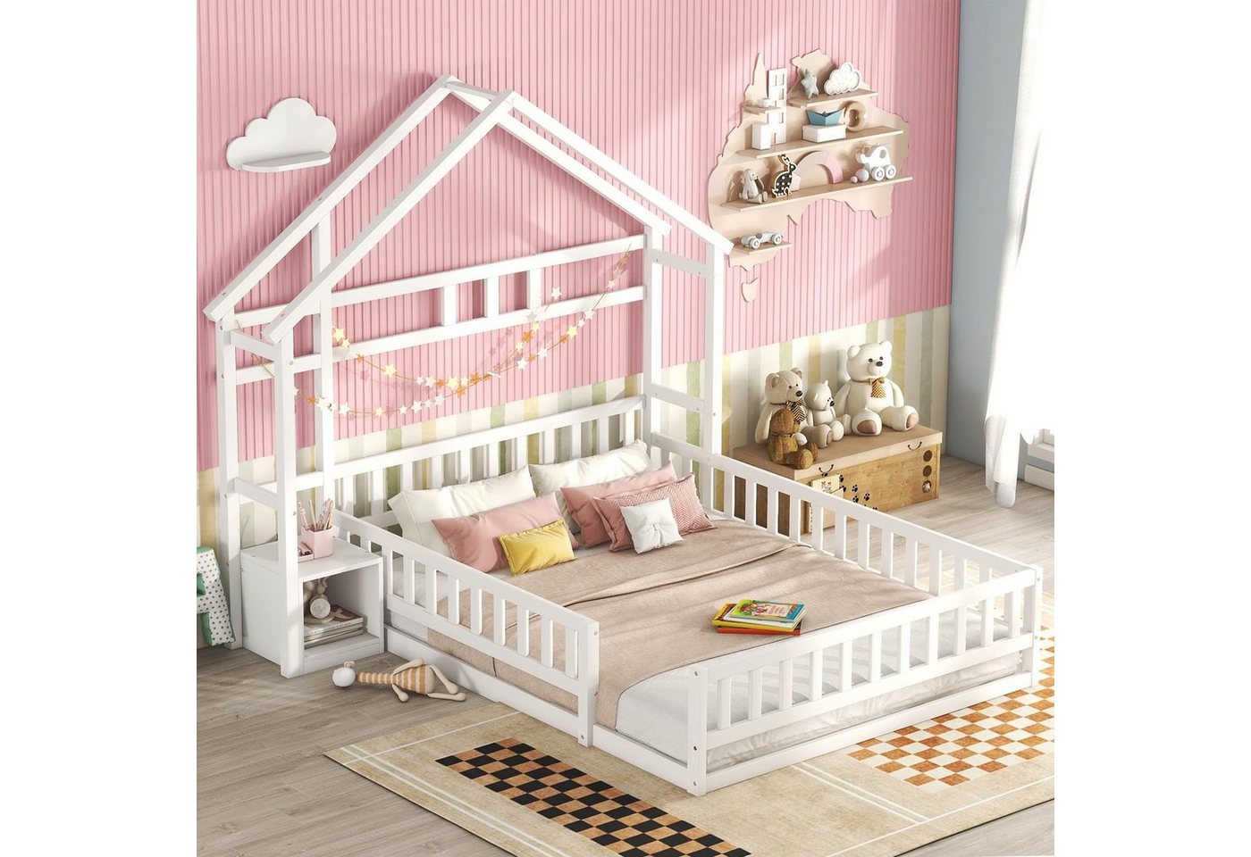 Odikalo Kinderbett Flachbett Holzbett Hausbett Geländer Nachttischen 140x190cm Weiß von Odikalo