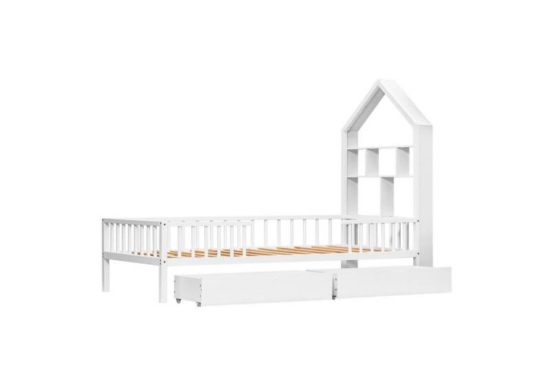 Odikalo Kinderbett Hausbett Bücherregal Ablage Schutz Schubladen Lattenrost Weiß 200x90cm von Odikalo