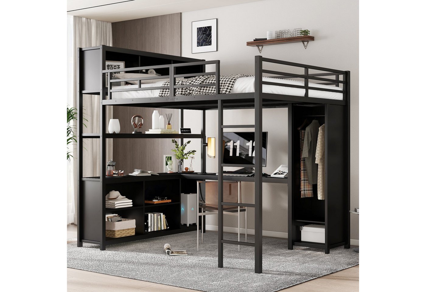 Odikalo Kinderbett Hochbett Etagenbett 90x200 (Eisenbett, Hochbett, Doppelstöckiger Stauraum unter dem Schreibtisch, Oberes Bett mit Stauraum, Mit Kleiderschrank, Eisen + Spanplatte, Schwarz / Weiß, 140x200cm) von Odikalo