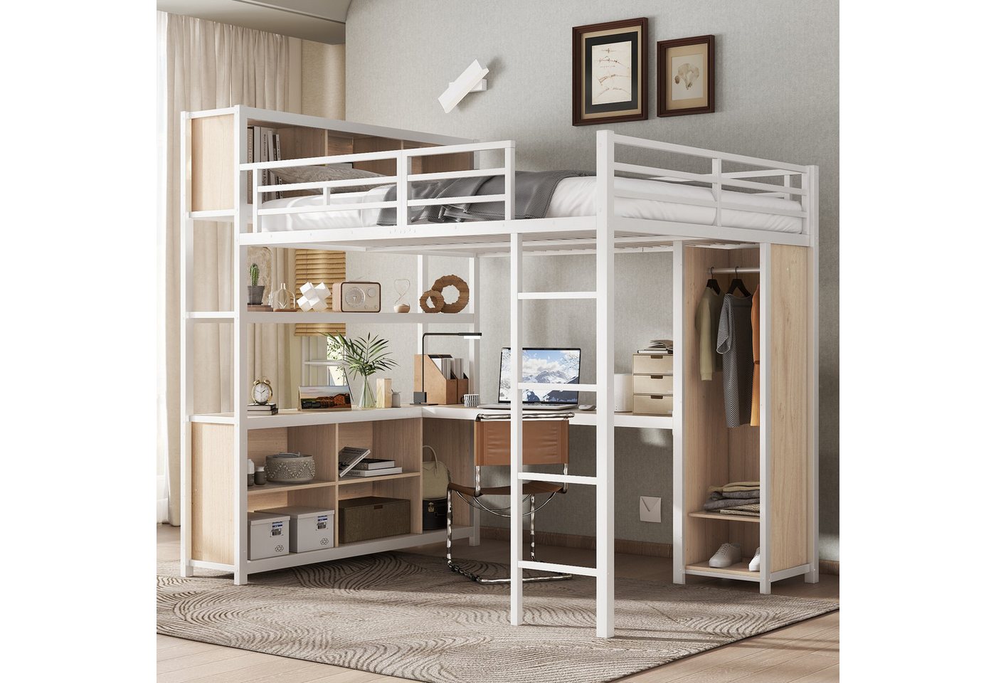 Odikalo Kinderbett Hochbett Etagenbett 90x200 (Eisenbett, Hochbett, Doppelstöckiger Stauraum unter dem Schreibtisch, Oberes Bett mit Stauraum, Mit Kleiderschrank, Eisen + Spanplatte, Schwarz / Weiß, 140x200cm) von Odikalo