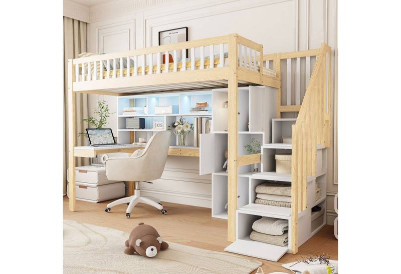Odikalo Kinderbett Hochbett Etagenbett Bettgestell 90x200 (Hochbett Kinderbett Bettgestell 90x200cm, Mit Ablageleiter, Regale, Ablagefächer, Schreibtisch, ohne Matratze, Weiß+Natur) von Odikalo