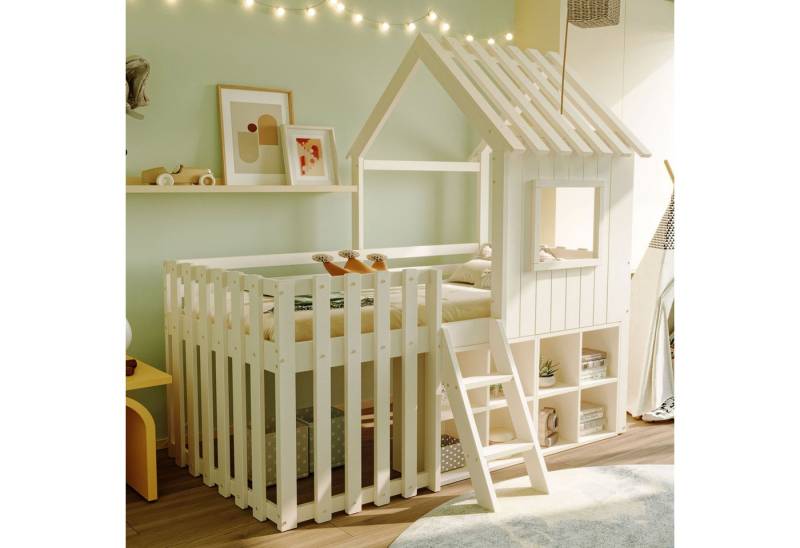 Odikalo Kinderbett Hochbett Hausbett Holzbett Dach Fenster Stauraum 90x200cm Mehrfarbig von Odikalo