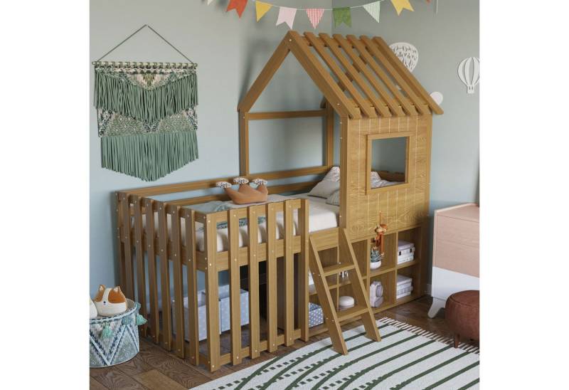 Odikalo Kinderbett Hochbett Hausbett Holzbett Dach Fenster Stauraum 90x200cm Mehrfarbig von Odikalo