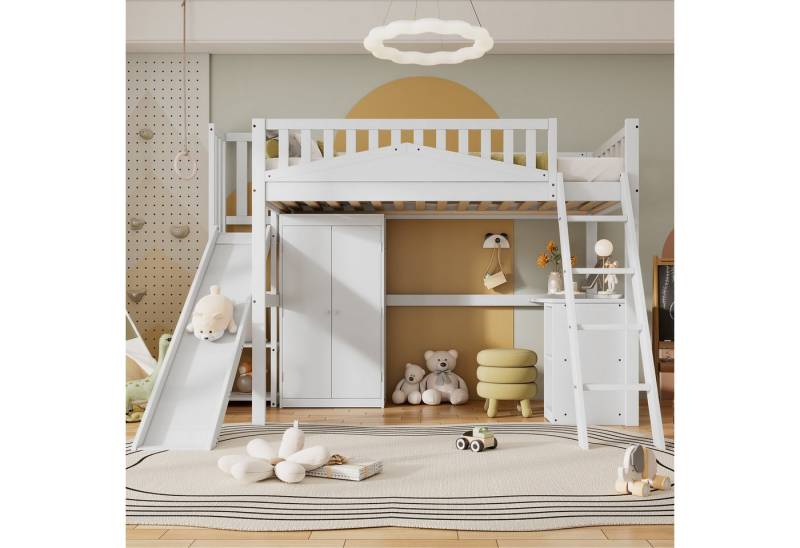 Odikalo Kinderbett Hochbett Bettgestell 90x200 mit großen Stauraum (Etagenbett, Kinderbett, Hochbett, mit Fallschutzgitter, mit Tisch und Kleiderschrank, Reichlich Stauraum, Mit vierstufiger Leiter, Kiefer+MDF+Sperrholz, Weiß, 90x200cm) von Odikalo