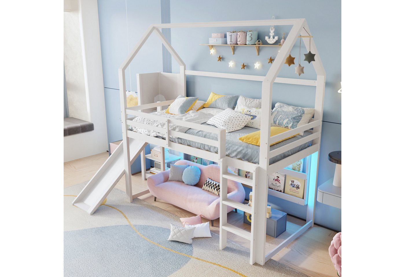 Odikalo Kinderbett Hochbett Holzbett Bettgestell Rutsche Regale Zaun Hausform 90x200 Weiß von Odikalo