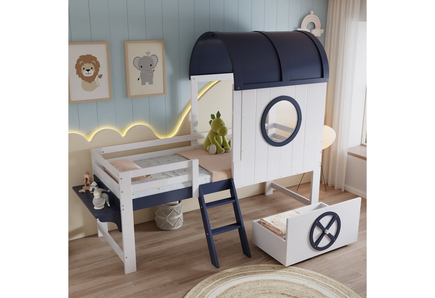Odikalo Kinderbett Hochbett Holzbett Dach Fenster Schublade mit Rollen, 90x200 Weiß Blau Odikalo Kinderbett Hochbett Holzbett Dach Fenster Schublade mit Rollen, 90x200 Weiß Blau von Odikalo