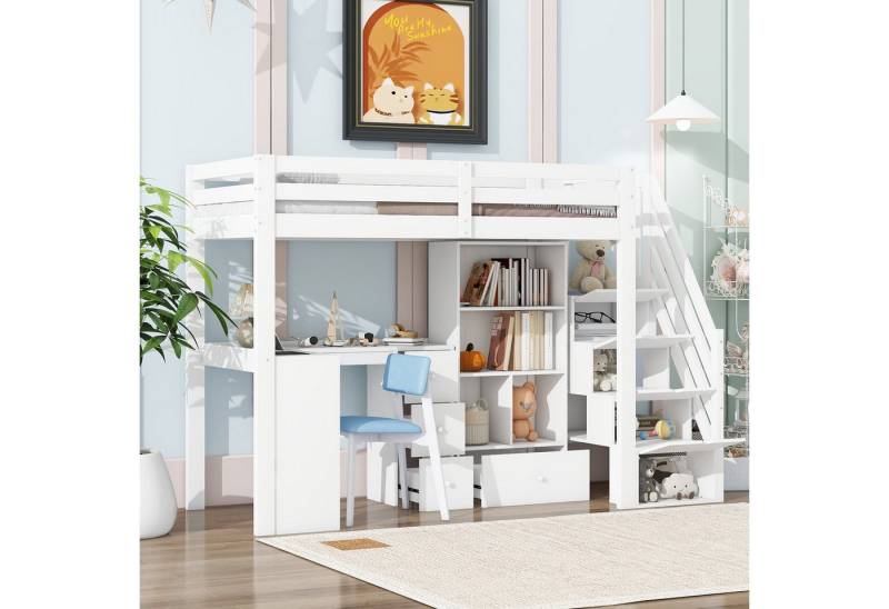 Odikalo Kinderbett Hochbett Holzbett 90x200 mit großem Stauraum (Hochbett, Kinderbett, 90x200 cm, Ohne Matratze, Geländer, Schreibtisch, Schubladen, Offener Stauschrank, Verstaubare Trittleiter, Mehrere Einlegeböden, EN 747 zertifiziert, Weiß) von Odikalo
