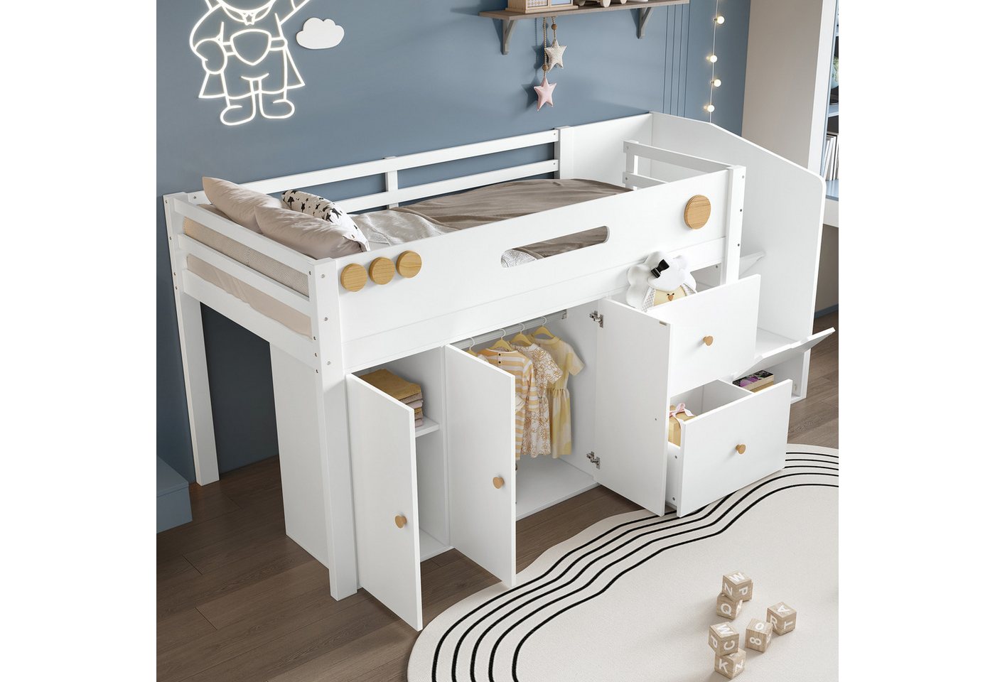 Odikalo Kinderbett Hochbett Holzbett Lagertreppe Schubladen Kleiderschrank 90x200cm Weiß Odikalo Kinderbett Hochbett Holzbett Lagertreppe Schubladen Kleiderschrank 90x200cm Weiß von Odikalo