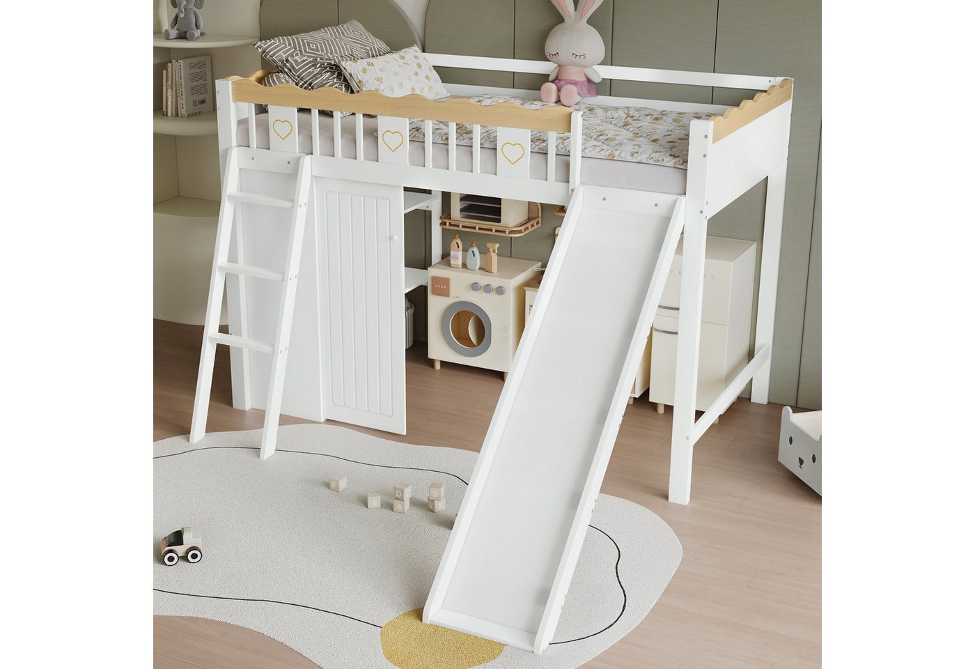 Odikalo Kinderbett Hochbett Holzbett Bettgestell 90x200 mit großem Stauraum (Etagenbett, Kinderbett, Mit Kinderrutsche, Kleiderschrank und Ablageschrank unter dem Bett, Vierseitiger Zaun mit exquisiten Mustern Kiefer + MDF + Sperrholz, Weiß+Natur, 90x200cm) Odikalo Kinderbett Hochbett Holzbett Bettgestell 90x200 mit großem Stauraum (Etagenbett, Kinderbett, Mit Kinderrutsche, Kleiderschrank und Ablageschrank unter dem Bett, Vierseitiger Zaun mit exquisiten Mustern Kiefer + MDF + Sperrholz, Weiß+Natur, 90x200cm) von Odikalo