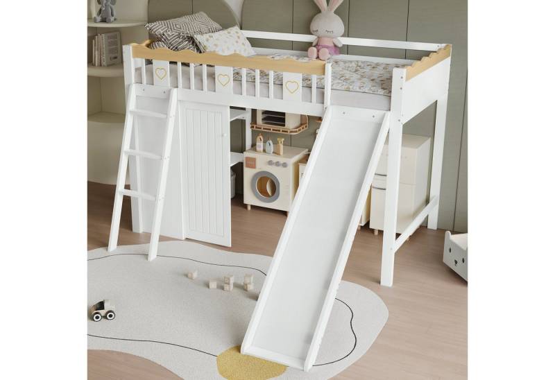 Odikalo Kinderbett Hochbett Holzbett Bettgestell 90x200 mit großem Stauraum (Etagenbett, Kinderbett, Mit Kinderrutsche, Kleiderschrank und Ablageschrank unter dem Bett, Vierseitiger Zaun mit exquisiten Mustern Kiefer + MDF + Sperrholz, Weiß+Natur, 90x200cm) von Odikalo