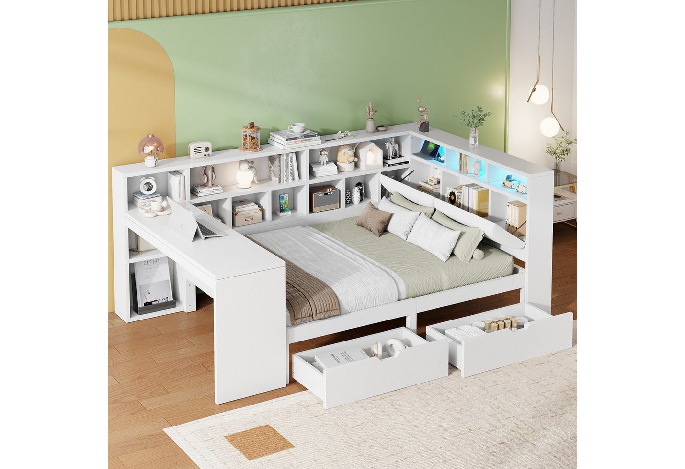 Odikalo Kinderbett Jugendbett 140x200 mit Schreibtisch & Stauraum (140x200 L-förmiges Holz-Plattformbett mit Schreibtisch und Bücherregal, Eck-Kapitänsbett mit gepolstertem Kopfteil, Schubladen unter dem Bett, LED-Licht - Weiß) Odikalo Kinderbett Jugendbett 140x200 mit Schreibtisch & Stauraum (140x200 L-förmiges Holz-Plattformbett mit Schreibtisch und Bücherregal, Eck-Kapitänsbett mit gepolstertem Kopfteil, Schubladen unter dem Bett, LED-Licht - Weiß) von Odikalo