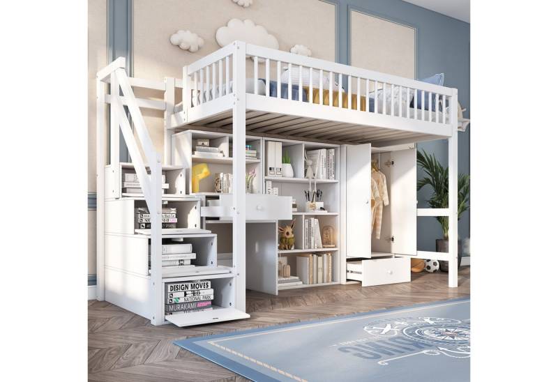 Odikalo Kinderbett Jugendbett Schreibtisch Treppe Schließfächern Kleiderschrank 90*200 von Odikalo
