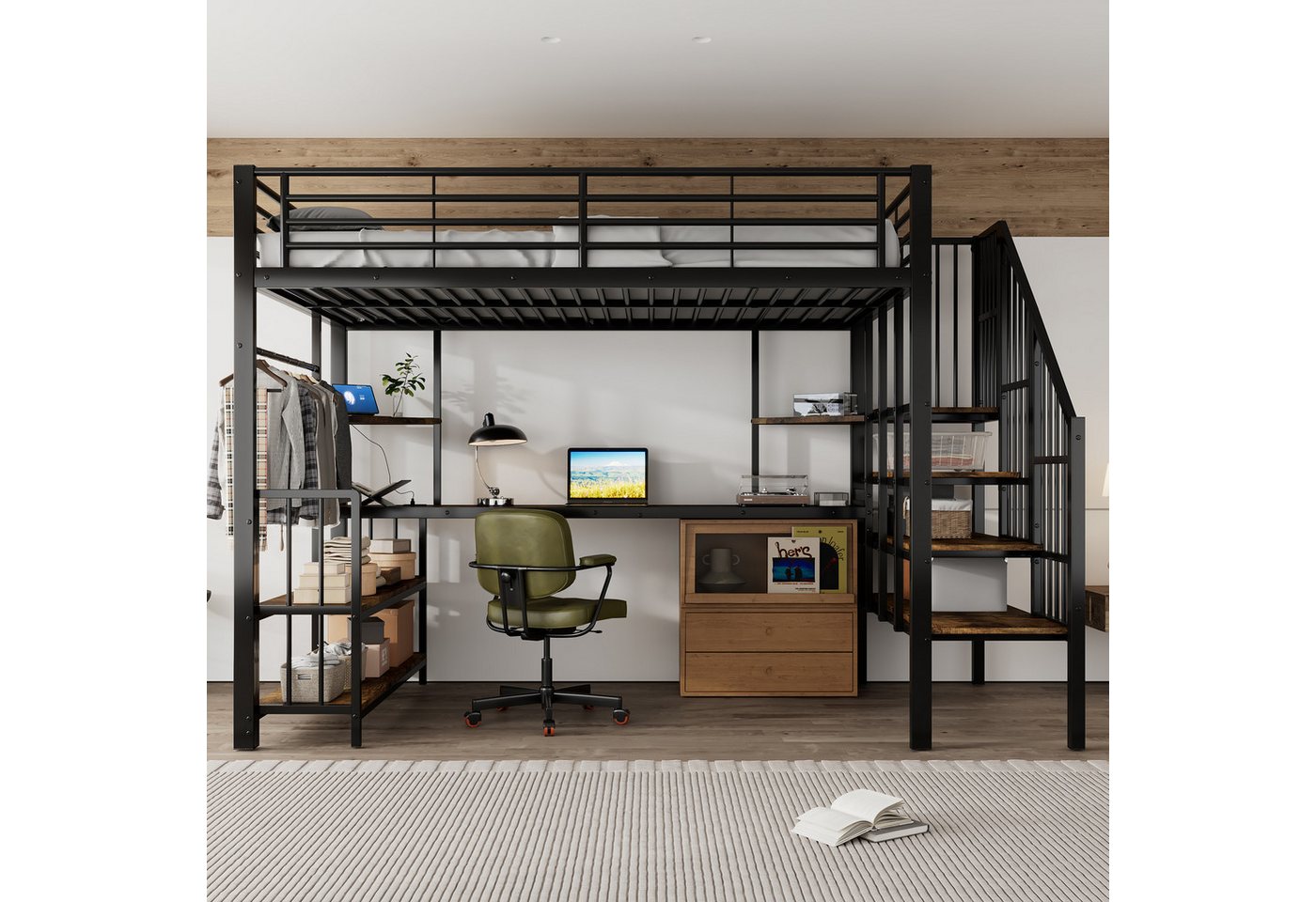 Odikalo Hochbett Metallbett 120x200 mit Schreibtisch & Stauraum (Eisenbett, Kinderbett, Jugendbett, Mit Ladeanschluss, Bequeme und sichere Ecktreppe, Schreibtischbereich mit Tastaturablage und Ablagebereich, Eisen + MDF, Schwarz+dunkle, 120x200cm) von Odikalo