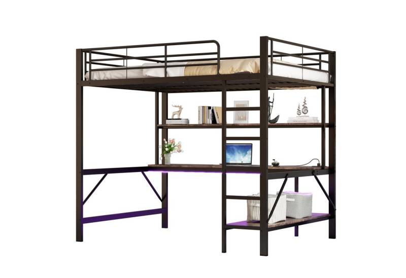 Odikalo Kinderbett Metallbett Hochbett Geländer Leiter USB LED Schreibtisch 140/90 Regale von Odikalo