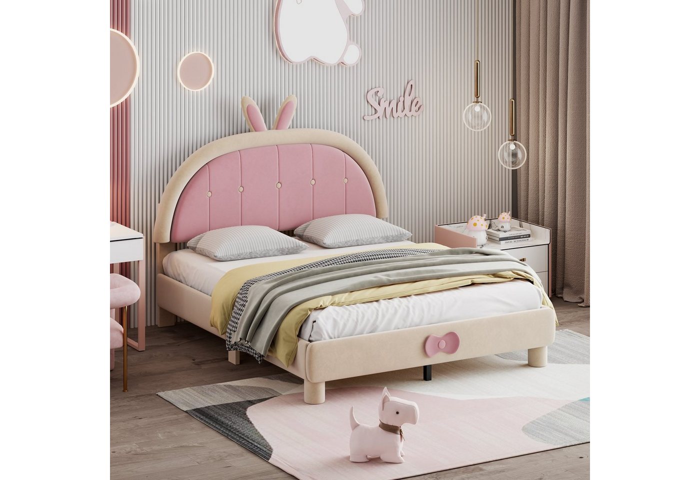 Odikalo Kinderbett Polsterbett 140/90x200cm Hasenohr Kopfteil Lattenrost Samt Rosa/Beige von Odikalo