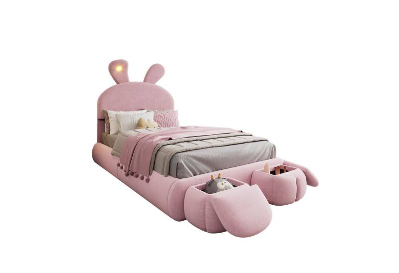 Odikalo Kinderbett Polsterbett Einzelbett Hasenohren LED Stauraum Hocker Samt Rosa 90/140 von Odikalo