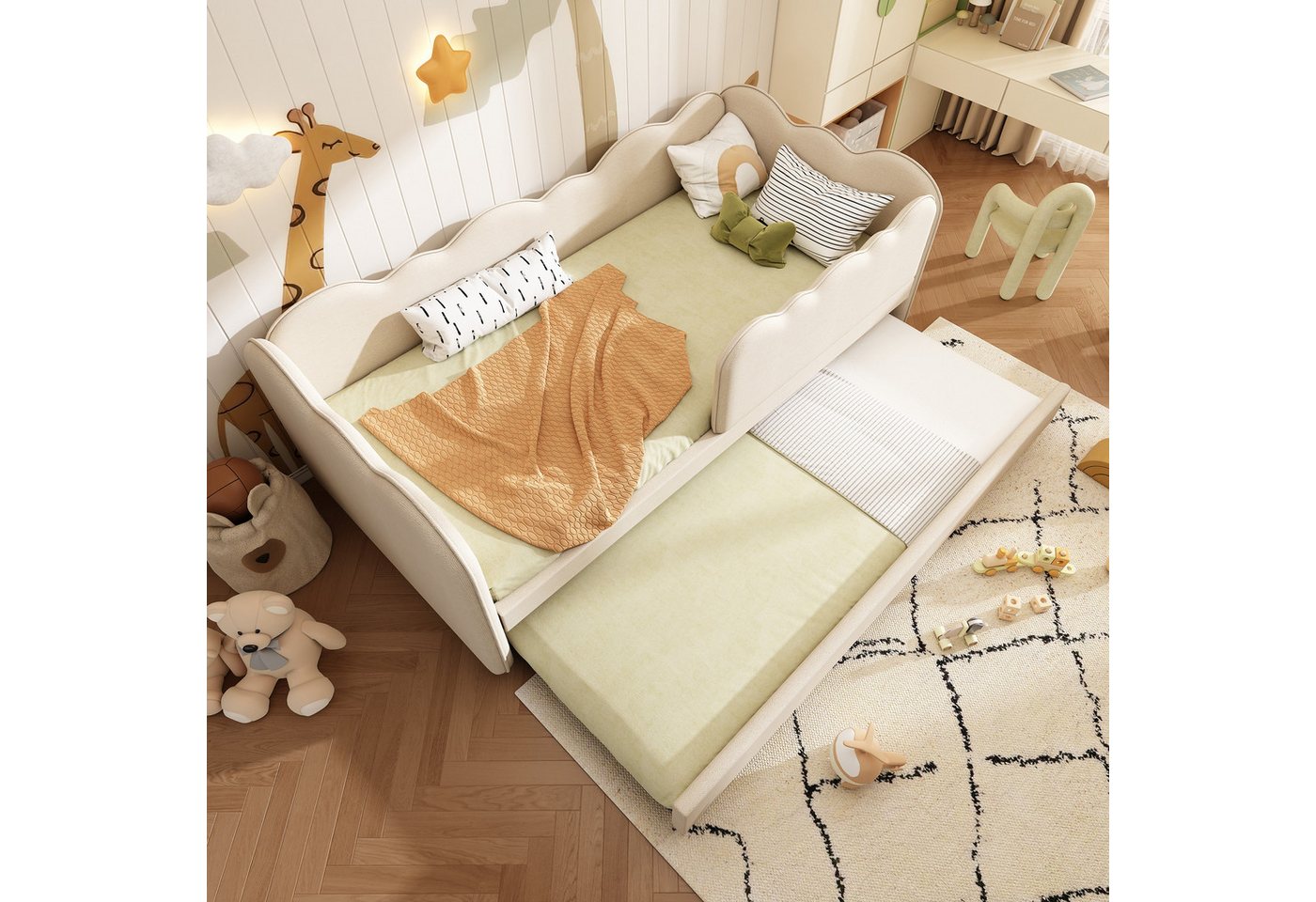 Odikalo Kinderbett schlafsofa mit bettfunktion,Schlafsofa mit Ausziehbett 90x190cm (Polsterbett Daybett mit Lattenrost, Leinen (ohne Matratze) von Odikalo