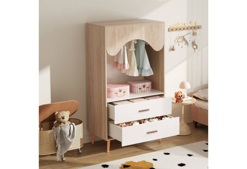 Odikalo Kinderkleiderschrank Kleiderschrank mit Kleiderstange & Schubladen (Kinderkleiderschrank, Kleiderschrank mit Kleiderstange, mit Schubladen, offener Kleiderschrank, Vollholzgriffen, aus Spanplatte, weiß+natürliches Holz, 80×46×141,5cm) von Odikalo