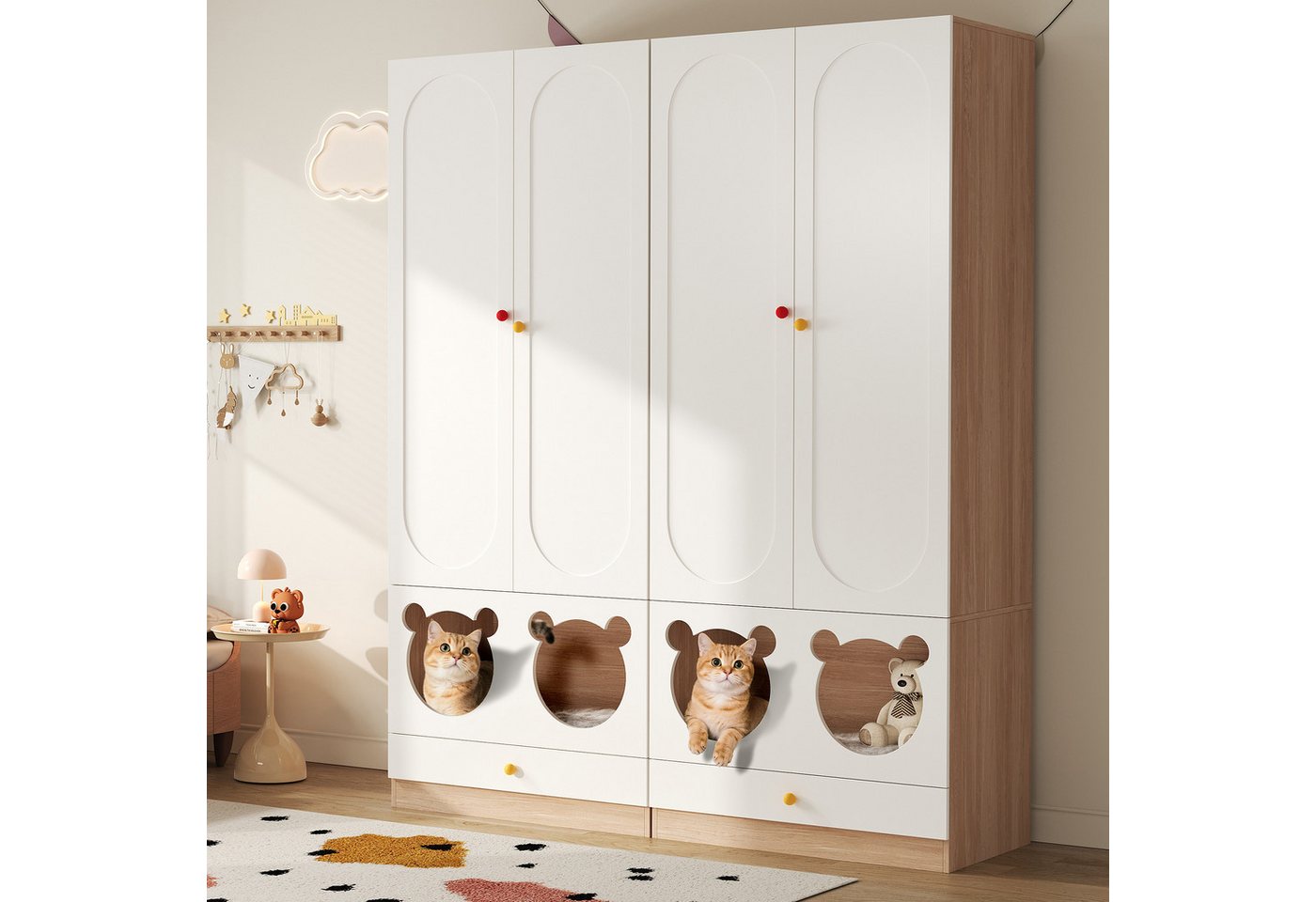 Odikalo Kinderkleiderschrank kleiderschrank mit Bügelstange (mit Katzenbett, Lackierte Platten + Spanplatte, bunte Keramikgriffen, Weiß + Naturholzfarbe, 80×50×200cm, für Schlafzimmer geeignet) von Odikalo