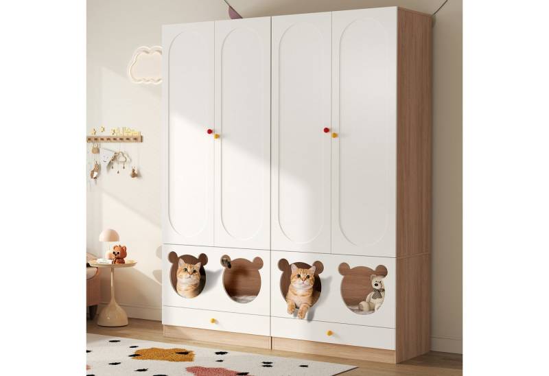 Odikalo Kinderkleiderschrank kleiderschrank mit Bügelstange (mit Katzenbett, Lackierte Platten + Spanplatte, bunte Keramikgriffen, Weiß + Naturholzfarbe, 80×50×200cm, für Schlafzimmer geeignet) von Odikalo
