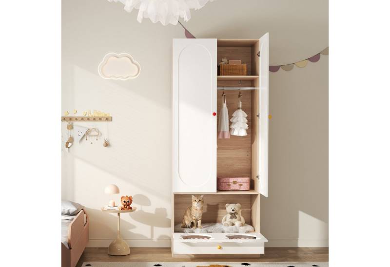 Odikalo Kinderkleiderschrank kleiderschrank mit Bügelstange (mit Katzenbett, Lackierte Platten + Spanplatte, bunte Keramikgriffen, Weiß + Naturholzfarbe, 80×50×200cm, für Schlafzimmer geeignet) von Odikalo
