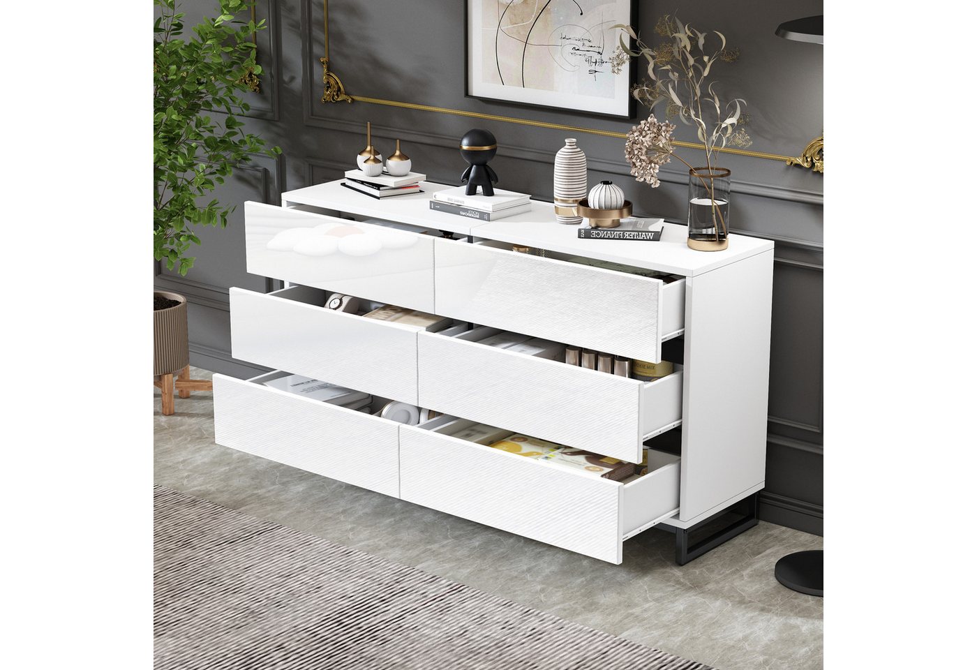 Odikalo Kommode Sideboard Hochglanz-Schrank (140*39,5*78,5cm Wohnzimmer Sideboard, Wohnzimmerschrank mit 6 Schubladen,Hochglanz-Kommode,Schrank mit 3 Metallbeinen,Beistellschrank mit hervorragender Tragfähigkeit,Weiß+Schwarz) Odikalo Kommode Sideboard Hochglanz-Schrank (140*39,5*78,5cm Wohnzimmer Sideboard, Wohnzimmerschrank mit 6 Schubladen,Hochglanz-Kommode,Schrank mit 3 Metallbeinen,Beistellschrank mit hervorragender Tragfähigkeit,Weiß+Schwarz) von Odikalo