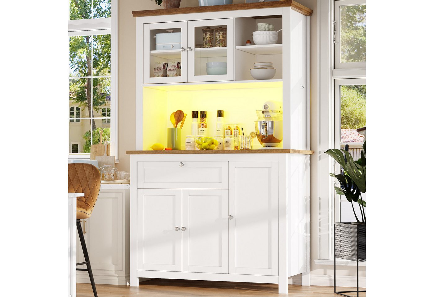Odikalo Küchenbuffet Küchenschrank Sideboard Hochschrank mit Schublade & LED (Küchenschrank(104×40×180cm), Hochschrank Küchenbuffet, Vitrinenschrank, Buffetschrank mit Verstellbaren Ablagen, Sideboard mit LED-Beleuchtung,Variable Lichtfarben,weiß) von Odikalo