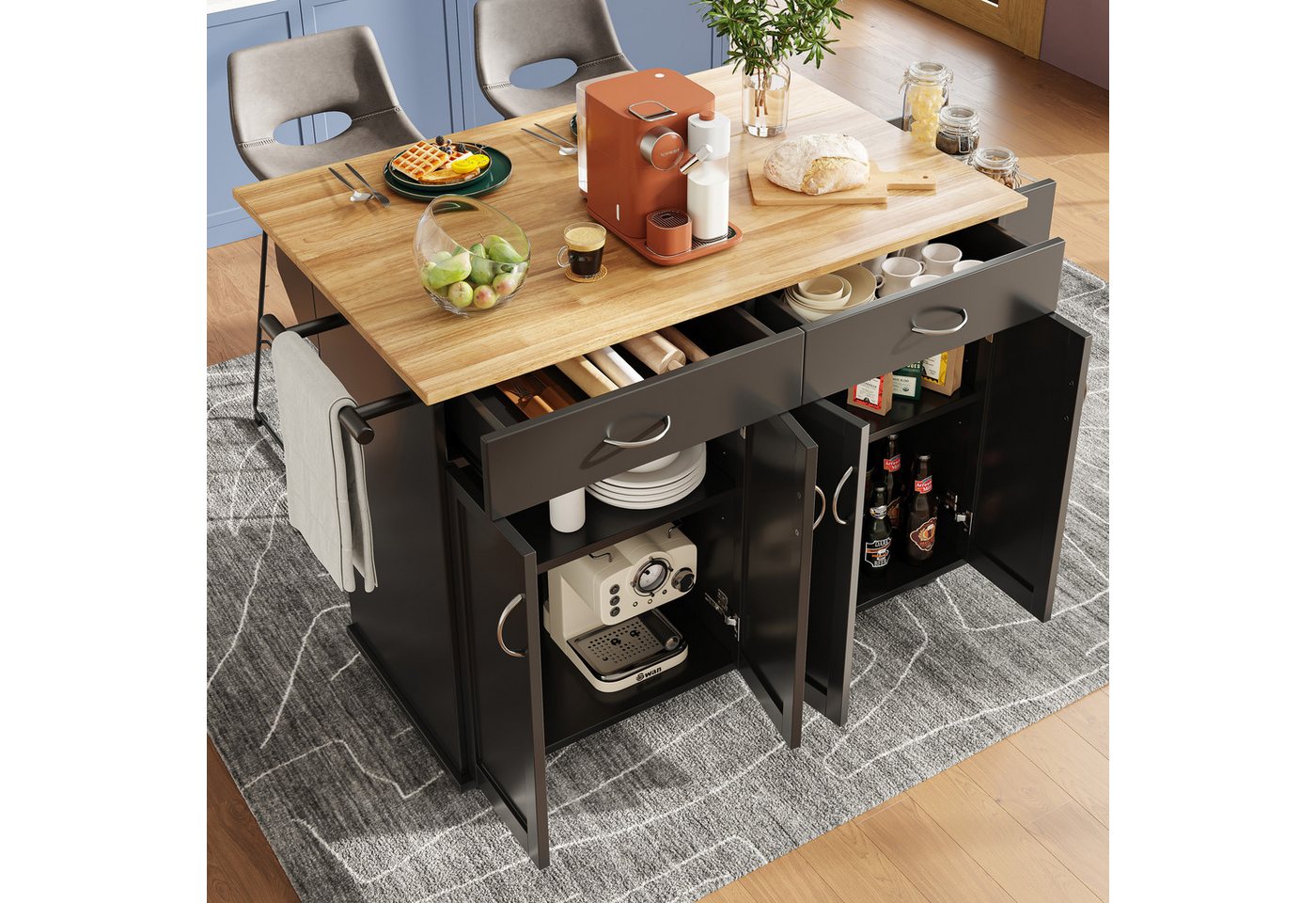 Odikalo Kücheninsel Servierwagen Speisewagen Küchentrolley Stauraum Holzmaserung Schwarz von Odikalo