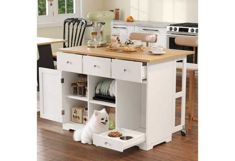Odikalo Kücheninsel küchenschrank Küchenwagen mit Arbeitsplatte, (Küchenwagen, mobiler Servierwagen, Kücheninsel mit Schublade, Küchenschrank mit Haustierfressnapf/Haustieressbereich, 120*70*90cm, weiß) von Odikalo