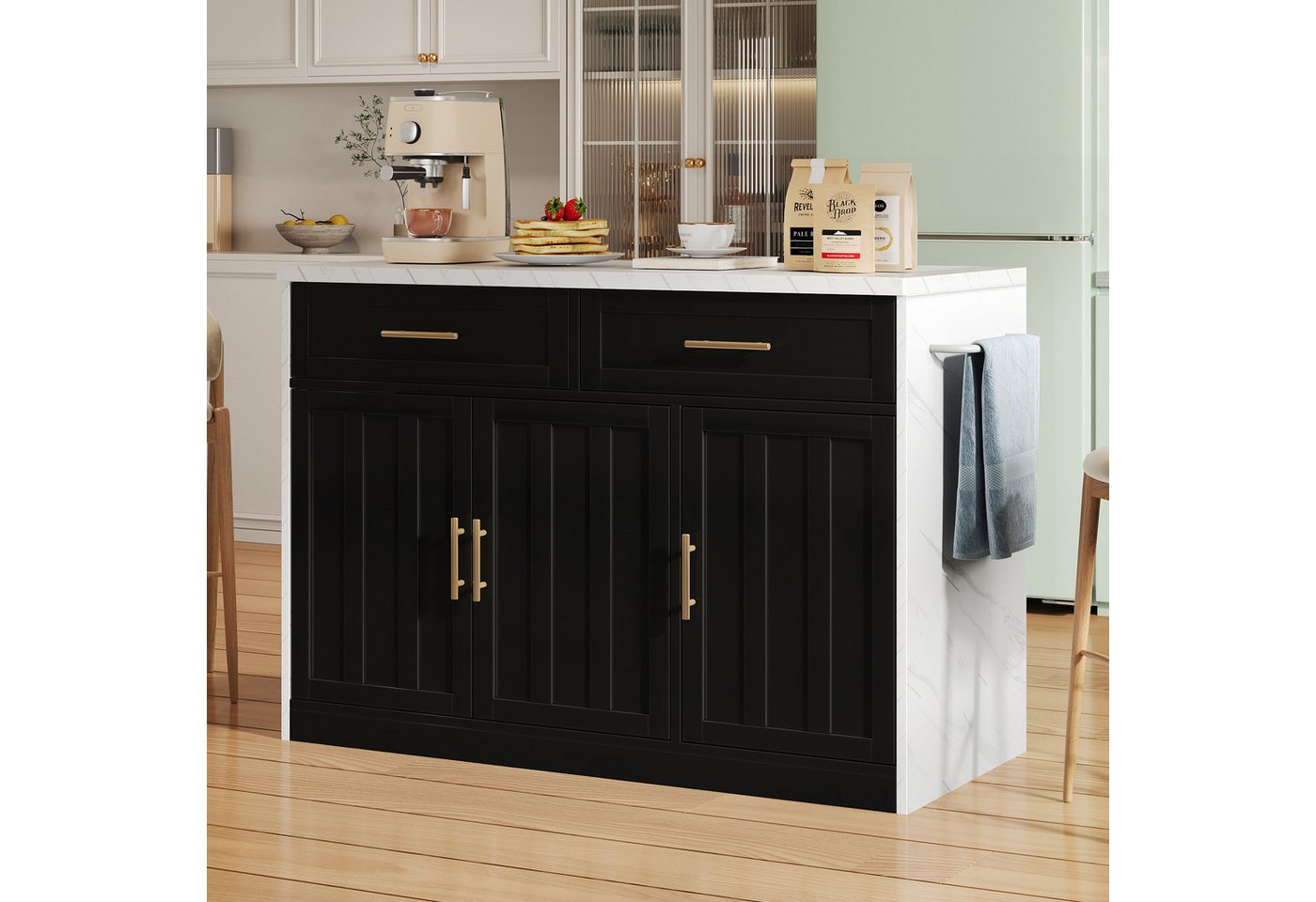 Odikalo Kücheninsel küchenschrank mit Steckdosen & USB-Anschlüsse weiss/schwarz/blau, (120x60x91cm, Kücheninsel, Steckdosen, USB-Anschlüsse, 1,5m langes Netzkabel, verstellbare Einlegeböden, Metallgriffe, Handtuchhalter, Barbereich, geeignet für Wohnungen, Küchen und ähnliche Räume) von Odikalo