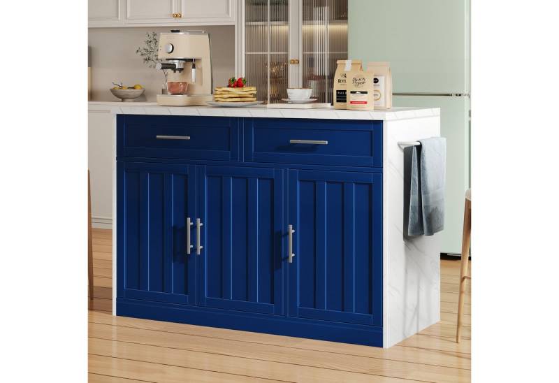 Odikalo Kücheninsel küchenschrank mit Steckdosen & USB-Anschlüsse weiss/schwarz/blau, (120x60x91cm, Kücheninsel, Steckdosen, USB-Anschlüsse, 1,5m langes Netzkabel, verstellbare Einlegeböden, Metallgriffe, Handtuchhalter, Barbereich, geeignet für Wohnungen, Küchen und ähnliche Räume) von Odikalo