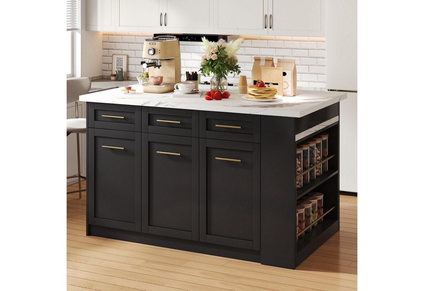 Odikalo Kücheninsel mit Arbeitsplatte, Esstisch mit Stauraum, (Multifunktionale Kücheninsel mit 150cm+96cm, schwarzen ausziehbarer Esstisch, Weißes marmorierte Holzarbeitsplatte/Tisch, integrierte Stauschränke, ideal für Familienküchen, Potluck Dinners) Odikalo Kücheninsel mit Arbeitsplatte, Esstisch mit Stauraum, (Multifunktionale Kücheninsel mit 150cm+96cm, schwarzen ausziehbarer Esstisch, Weißes marmorierte Holzarbeitsplatte/Tisch, integrierte Stauschränke, ideal für Familienküchen, Potluck Dinners) von Odikalo