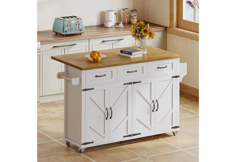 Odikalo Kücheninsel mit Arbeitsplatte, Küchenwagen Servierwagen, (Kücheninsel mit klappbarer Arbeitsplatte, ausgestattet mit 5 feststellbaren Rollen, 4 Türen, 3 Schubladen, Türregal, doppelseitigen Handtuchhaltern, Scheunenstil-Design, Weiß, 140x43(70)x90.5 cm) Odikalo Kücheninsel mit Arbeitsplatte, Küchenwagen Servierwagen, (Kücheninsel mit klappbarer Arbeitsplatte, ausgestattet mit 5 feststellbaren Rollen, 4 Türen, 3 Schubladen, Türregal, doppelseitigen Handtuchhaltern, Scheunenstil-Design, Weiß, 140x43(70)x90.5 cm) von Odikalo