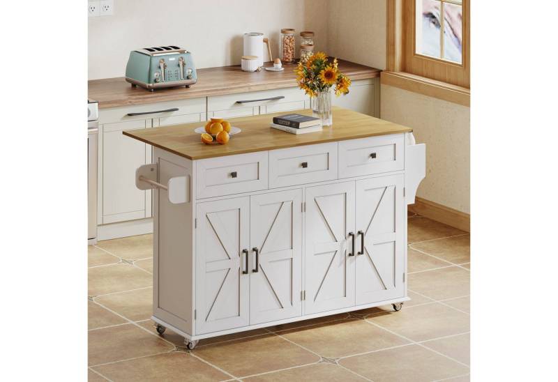 Odikalo Kücheninsel mit Arbeitsplatte, Küchenwagen Servierwagen, (Kücheninsel mit klappbarer Arbeitsplatte, ausgestattet mit 5 feststellbaren Rollen, 4 Türen, 3 Schubladen, Türregal, doppelseitigen Handtuchhaltern, Scheunenstil-Design, Weiß, 140x43(70)x90.5 cm) von Odikalo