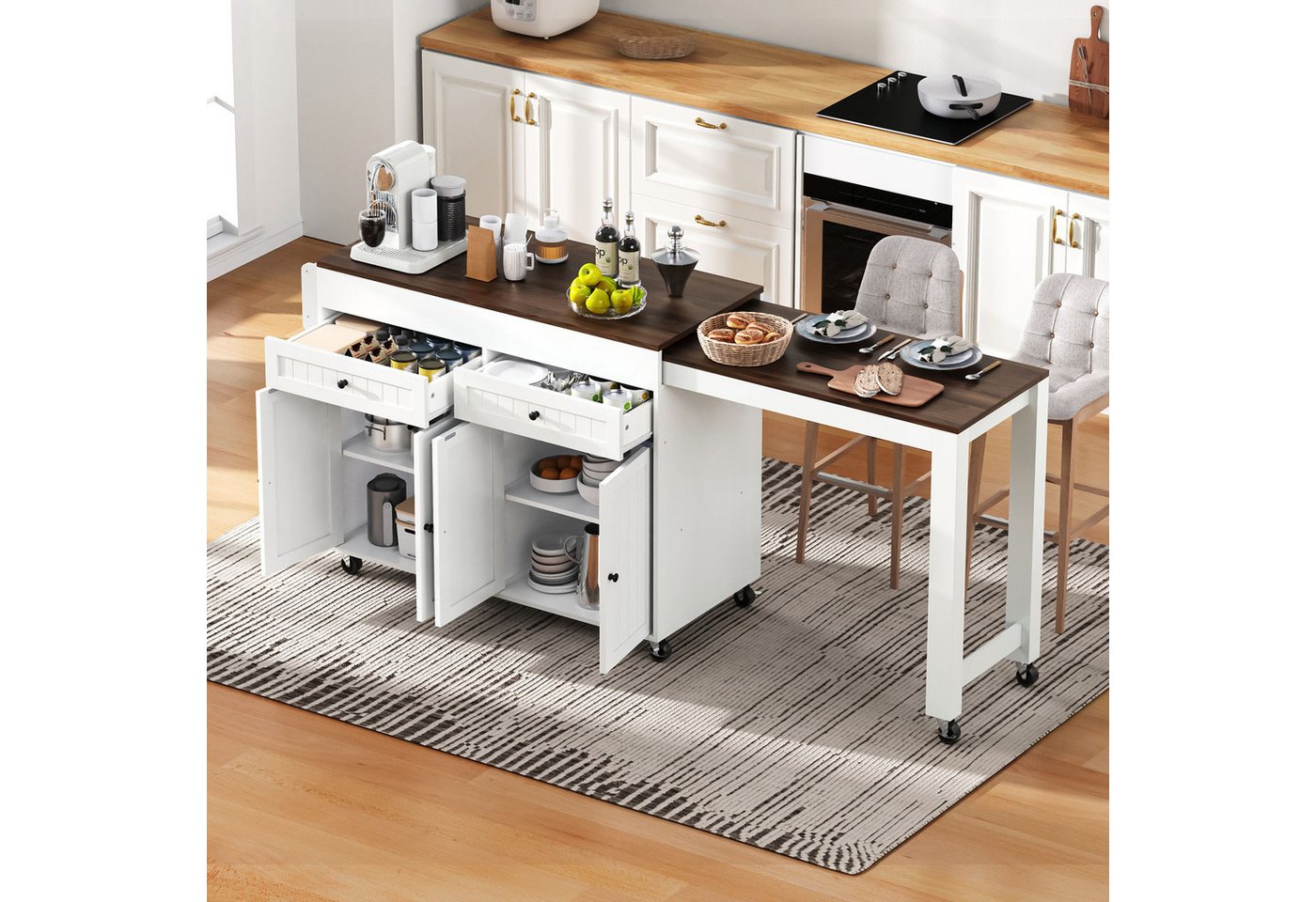 Odikalo Kücheninsel mit ausziehbarer Esstisch Arbeitsplatte Stauraum Schwarz Weiß Natur von Odikalo