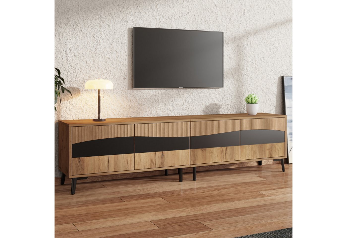 Odikalo Lowboard TV-Schrank Fernsehschrank TV-Bank (180*40*50cm Fernsehschrank,Holzfarbe + schwarzer Spleiß-TV-Ständer,TV-Schrank mit 4 Schränken,Wohnzimmerschrank mit 8 Stützbeinen, empfohlene Tragkraft 30kg, Symmetrisches Design,Lowboard) Odikalo Lowboard TV-Schrank Fernsehschrank TV-Bank (180*40*50cm Fernsehschrank,Holzfarbe + schwarzer Spleiß-TV-Ständer,TV-Schrank mit 4 Schränken,Wohnzimmerschrank mit 8 Stützbeinen, empfohlene Tragkraft 30kg, Symmetrisches Design,Lowboard) von Odikalo