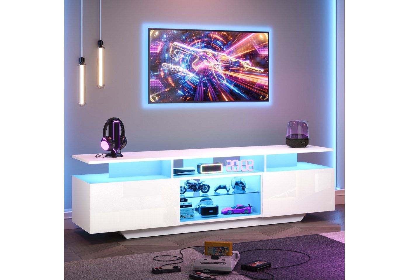 Odikalo Lowboard TV-Schrank Fernsehtisch mit LED weiss (160*40*45cm Fernsehschrank, TV-Ständer mit 2 Schränken, Wohnzimmerschrank, Hochglanz-TV-Schrank mit LED-Lichtleiste, Modernes TV-Entertainment-Center mit 8 Ablageflächen, MDF, 70-Zoll-Fernseher) Odikalo Lowboard TV-Schrank Fernsehtisch mit LED weiss (160*40*45cm Fernsehschrank, TV-Ständer mit 2 Schränken, Wohnzimmerschrank, Hochglanz-TV-Schrank mit LED-Lichtleiste, Modernes TV-Entertainment-Center mit 8 Ablageflächen, MDF, 70-Zoll-Fernseher) von Odikalo
