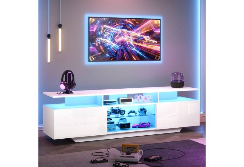 Odikalo Lowboard TV-Schrank Fernsehtisch mit LED weiss (160*40*45cm Fernsehschrank, TV-Ständer mit 2 Schränken, Wohnzimmerschrank, Hochglanz-TV-Schrank mit LED-Lichtleiste, Modernes TV-Entertainment-Center mit 8 Ablageflächen, MDF, 70-Zoll-Fernseher) von Odikalo
